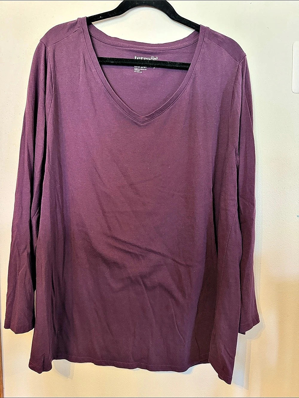 Terra & Sky Long Sleeve V-Neck Top in Plum Purple Like New